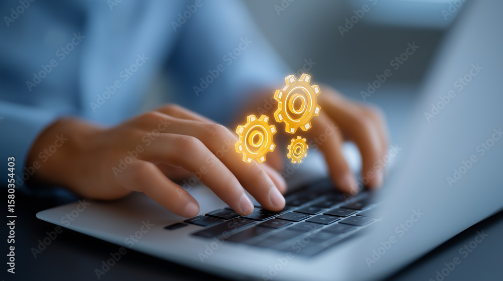 Poster hands typing on laptop with gears floating above keyboard