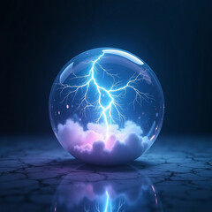 clouds with lightning in a glass ball on a black background