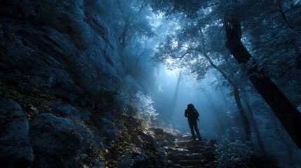 Fototapeta premium Adventurer walking through ethereal forest, enveloped in mistery and the thrill of exploration