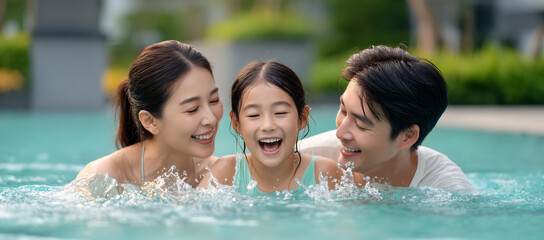 Happy Family Pool Fun: A joyful Asian family — mother, father, and daughter — splashes and laughs together in a refreshing swimming pool, capturing the essence of summer fun and family bonding.