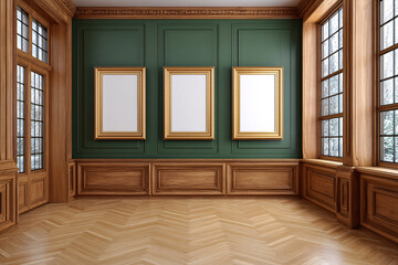 Obraz premium Elegant Gallery Space: A refined interior showcases three pristine gold-framed artworks suspended on a rich green wall, enhanced by light-filled windows. The space's detailed design.
