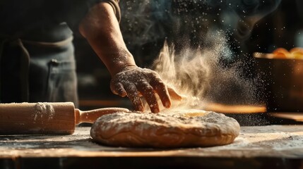 Hands crafting delicious bread, artisan baker skillfully shaping dough with flour dusting the air in a warm, inviting kitchen environment.