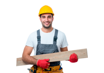 Construction worker holding wooden plank wearing protective gear on transparent background, PNG