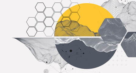 Abstract wireframe background. Modern science or technology art elements. Surface illustration inside circles