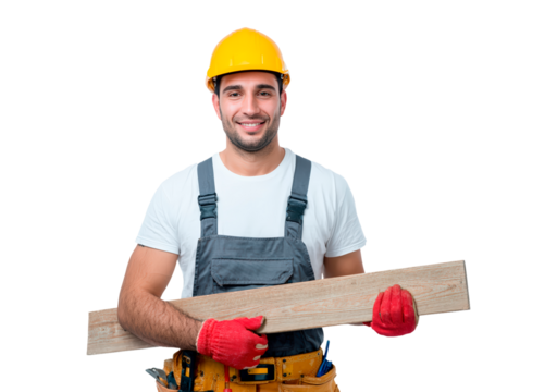 Construction worker holding wooden plank wearing protective gear on transparent background, PNG