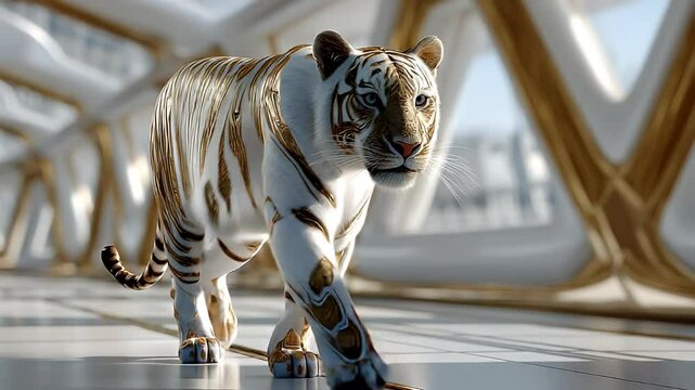 White tiger with gold patterns in modern interior