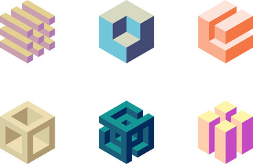 Six unique isometric cube designs in pastel colors.  Perfect for branding, technology, architecture, or abstract design projects.  Represents innovation, structure, and interconnectedness.