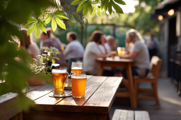 Cheers to Refreshment: Capturing the essence of leisure and conviviality, with refreshing golden beverages taking center stage on a rustic wooden table at an outdoor gathering.