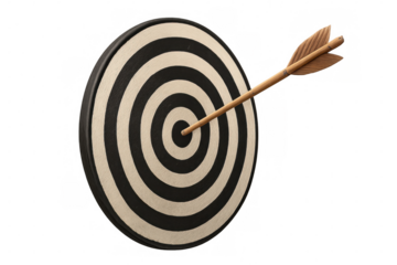 Arrow piercing bullseye of archery target, symbolizing precision, business goals, marketing strategies, success, achievement on clean transparent background