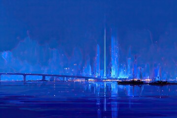 Fototapeta premium A vibrant, digital cityscape at twilight, bathed in a cool blue glow