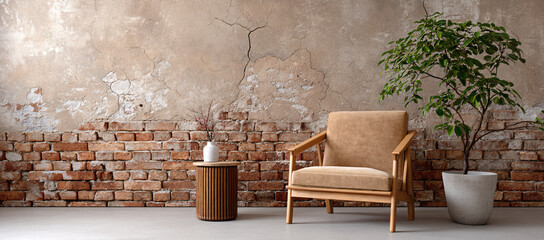 Cozy Corner: An inviting interior featuring a comfortable armchair, a potted plant, and a rustic brick wall create a warm and inviting atmosphere.