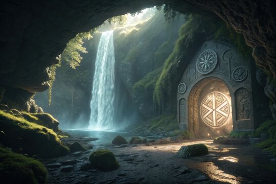 Mystical waterfall cascading near an ancient stone portal nestled within a lush, overgrown grotto, exuding a sense of magic and wonder.