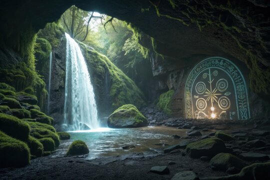 Enchanting waterfall flows into a cavern adorned with a mystical glowing door and verdant moss, offering a serene escape.