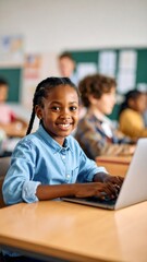 Fototapeta premium Smiling girl in classroom using laptop