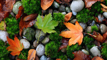 autumn Leaves interspersed with green moss and pebbles, adding texture variety