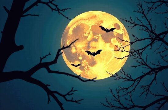 Bats flying on the full moon night.