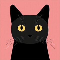Black cat face on a pink background.  Simple, cute