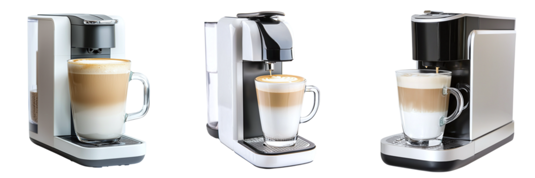 Coffee machines set with a cup of aromatic coffee isolated on transparent background PNG