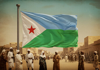 Djibouti Flag, People, Cityscape National Symbol, Arab Culture, Street Scene, Red Star, Blue, Green, Pride, Celebration.