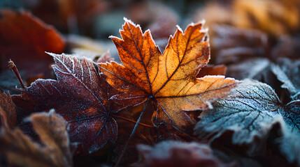 Autumn leaves lightly coated with frost, highlighting the intricate shapes and edges