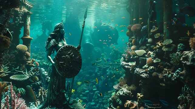 Greek goddess statue with shield,trident,in underwater city amidst fish, corals