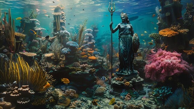 Greek goddess statue with shield,trident,in underwater city amidst fish, corals