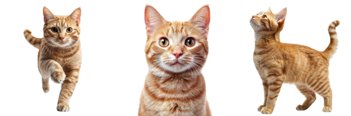 Set of cute ginger cats isolated on transparent background PNG