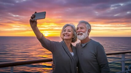 Older Couple Taking Selfie During Sunset on Ocean Deck - Powered by Adobe