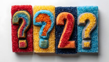 Colorful question marks and number two art pieces on textured backgrounds display image