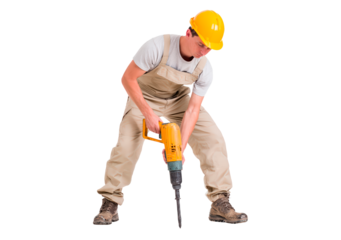 Construction worker operating jackhammer wearing protective equipment on transparent background, PNG