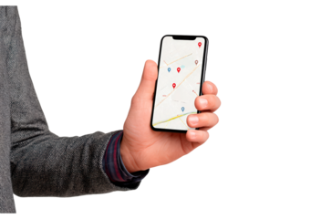 Navigating with smartphone gps map on screen for easy travel and location tracking on transparent background, PNG
