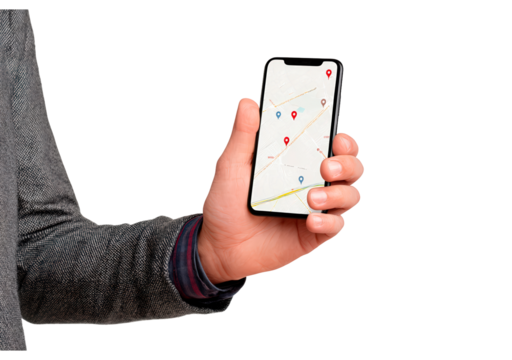 Navigating with smartphone gps map on screen for easy travel and location tracking on transparent background, PNG
