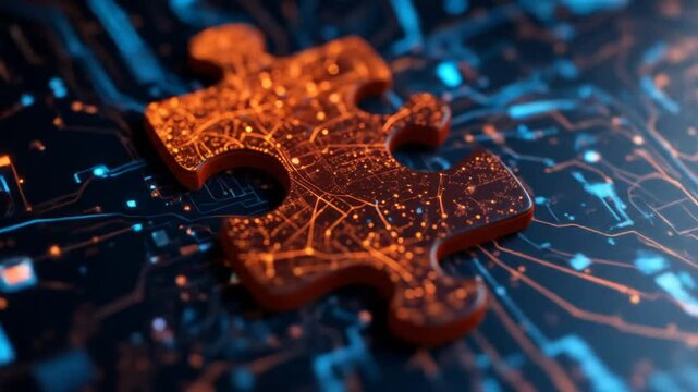 Puzzle pieces on a digital background symbolize the modular and interconnected nature of microservices architecture. 4k video