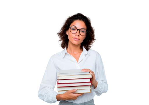 Confident woman in glasses holding books for education and learning concepts on transparent background, PNG - Powered by Adobe