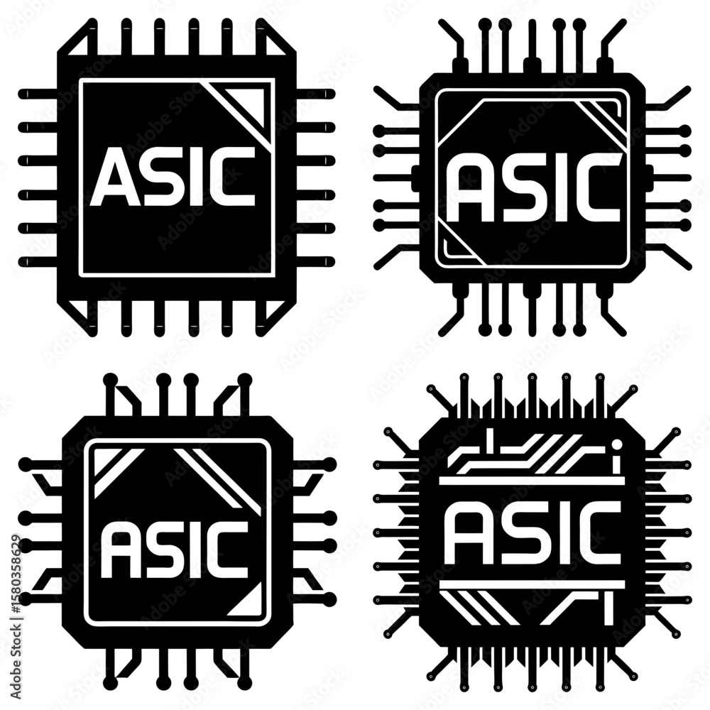 Poster four asic chips in black and white showing different designs and circuit configurations on a white b