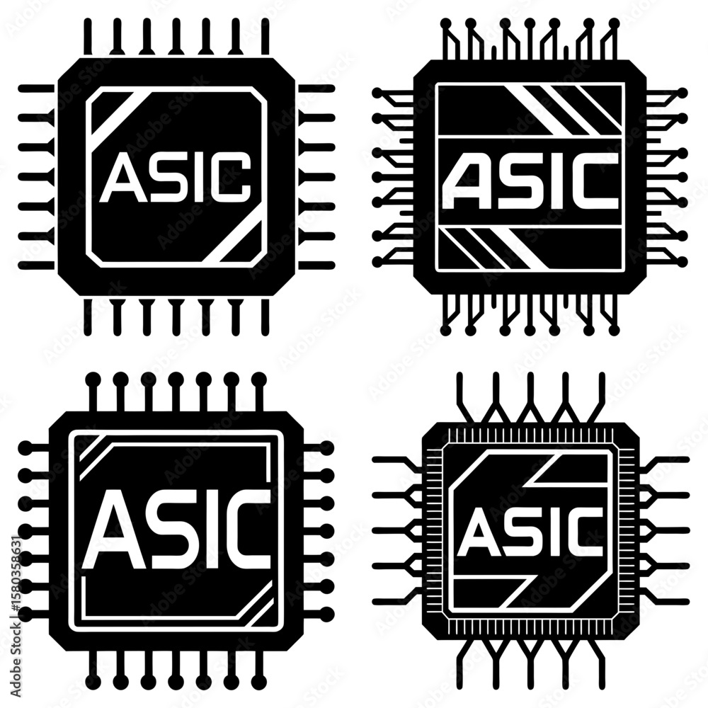 Poster four black asic chip illustrations with different pin configurations on a white background layout de
