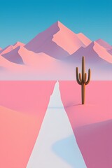 Pastel desert landscape with cactus and mountains digital art travel destination