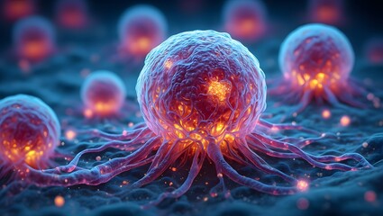 Close up of cancer cells research, medical illustration, and oncology treatment concept