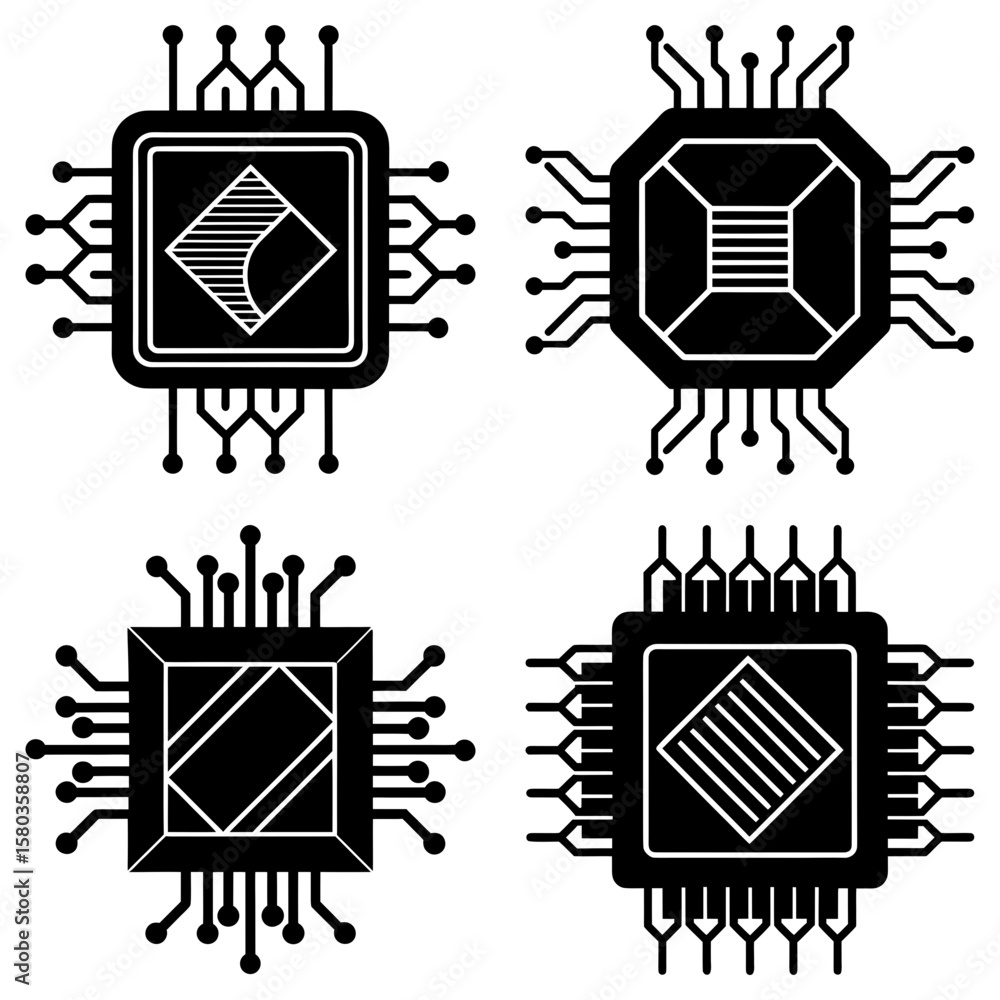 Poster four black and white computer chips with different internal designs arranged in a square formation o