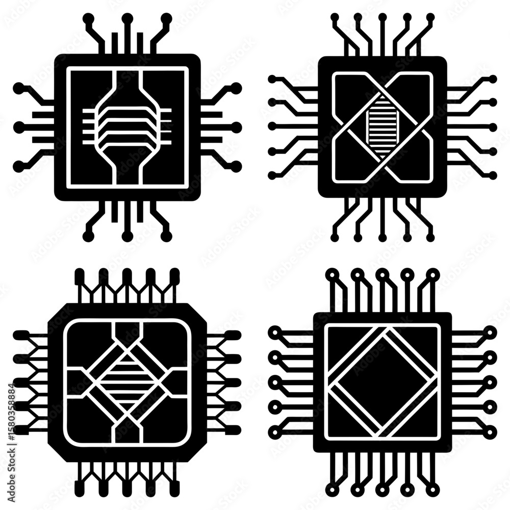 Poster four different black and white computer chip designs with varying internal circuit patterns shown he