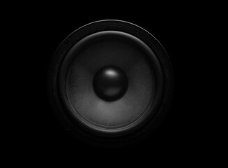 Close-up of a black audio speaker woofer cone against a dark background, showcasing modern sound...
