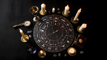 Astrology chart reading with candles and divination tools for future telling concept