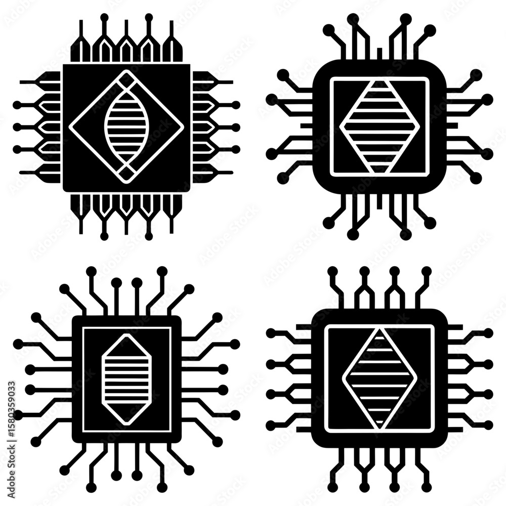 Poster four black and white graphic representations of microchips with dna or data patterns inside squares