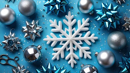 Festive christmas decorations flat lay with snowflake ornaments and shiny baubles art