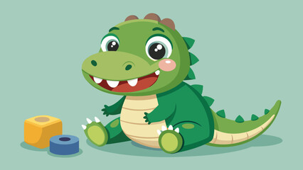 Fototapeta premium Happy cartoon green dinosaur sitting with colorful baby toys