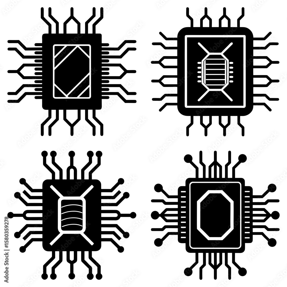Poster four black and white computer chips with different internal designs and multiple connector pins disp