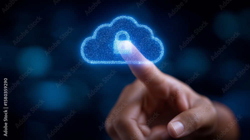 Poster cybersecurity interface with padlock and cloud icon in dark grid