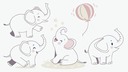 Cute baby elephants playing together with a balloon and stars
