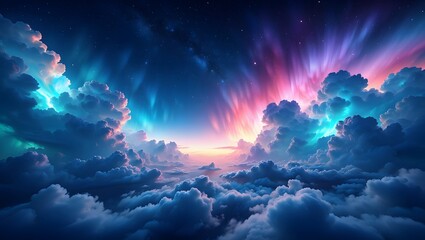 Explore the ethereal beauty of dreamy clouds and colorful aurora borealis sky view