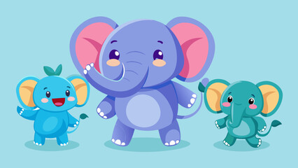 Naklejka premium Three cute cartoon elephants of different colors and sizes standing together